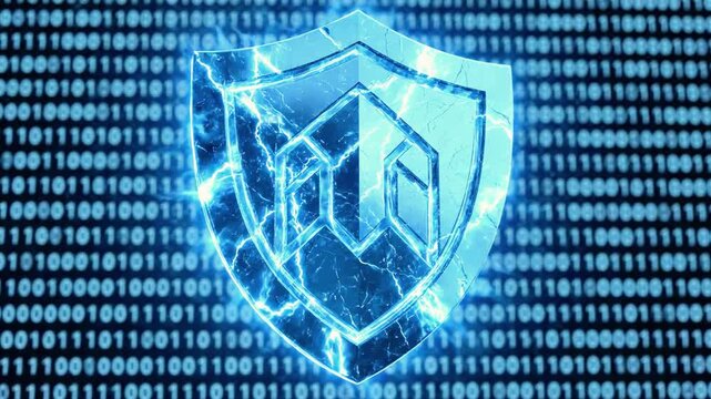 A blue shield with a hand inside on a background of binary code