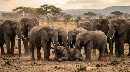 Fototapeta premium A herd of African elephants gathers in the savanna with a young calf resting amongst them.