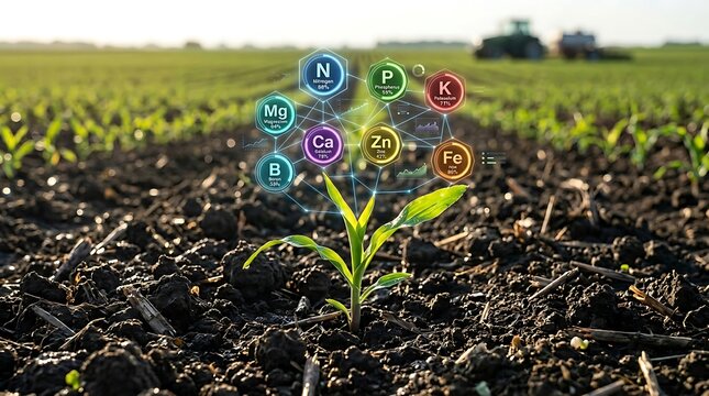 Young plant in rich soil with digital overlay of essential nutrients for healthy growth, representing sustainable agriculture and plant nutrition concepts