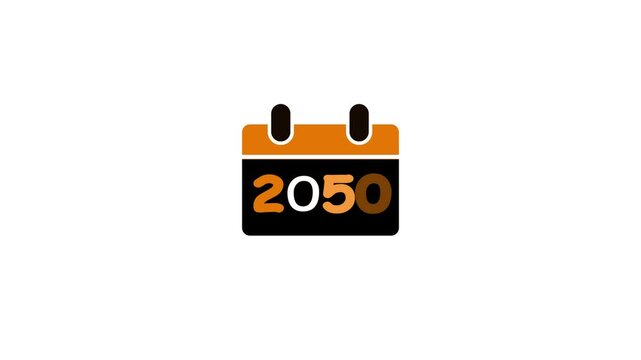 A minimalist flat of a calendar showing the year 2050 with an orange header and accent on the number two, placed on a clean white background for a clear and modern visual representation of a future