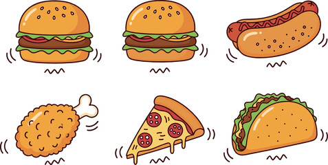 Cartoon Fast Food Collection with Burgers, Hot Dog, Pizza Slice, Taco and Fried Chicken Fun Junk Food Vector Illustration Set