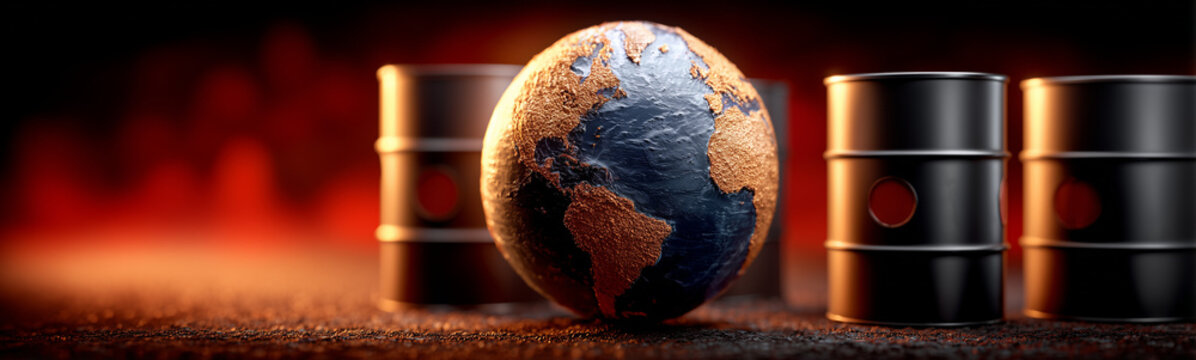 Fueling Concerns: A stark image of the Earth, precariously positioned amidst ominous oil barrels, vividly symbolizes global energy concerns and environmental issues.
