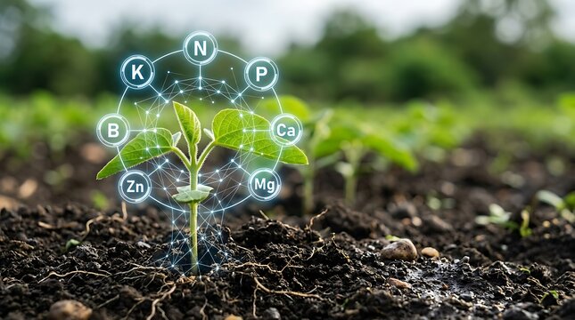 Young plant sprouting with digitally overlayed nutrient icons in soil, symbolizing plant growth and soil nutrition for sustainable agriculture
