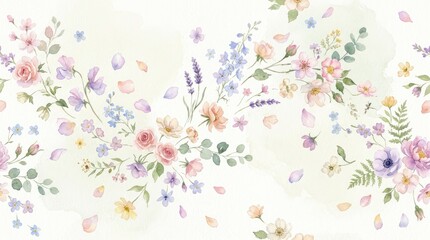 A delicate watercolor pattern featuring pastel-colored garden flowers and foliage