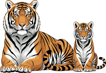 Obraz premium Bengal Tiger Family Illustration with Adult Tiger and Cub Sitting Wildlife Big Cat Animal Vector Isolated on White Background
