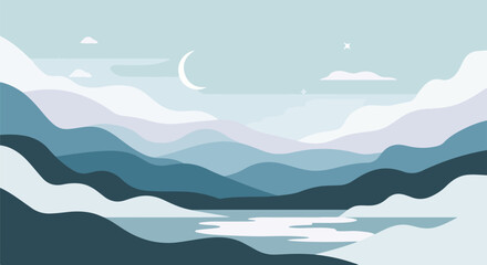 Pixelated artwork depicts blue layered mountains, lake, moon, and stars © Itachi