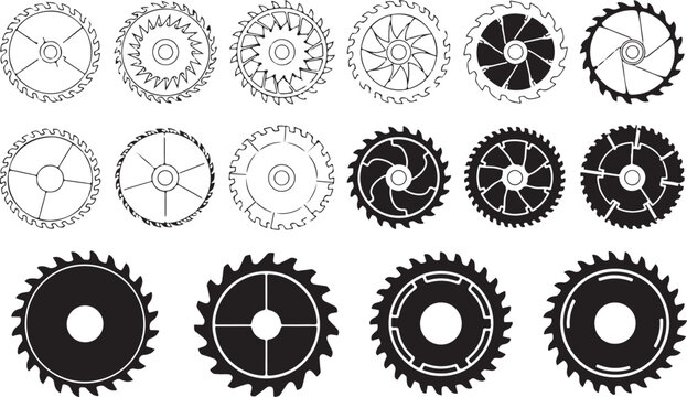 Collection of various circular saw blades and gear icons