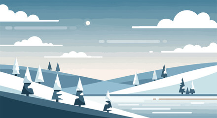 Pixelated winter scene with trees, clouds, hills, and a frozen body of water © Itachi