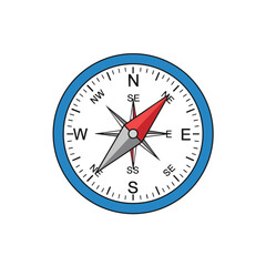 A simple illustration of a compass with a blue rim and a red and gray needle