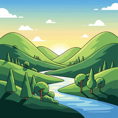 Pixelated landscape with rolling hills, river, trees, and sunset © Itachi