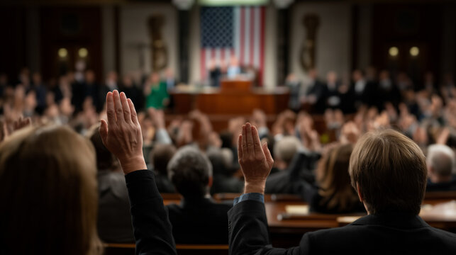 United States Government in Action: Inside the hallowed halls of a governmental institution, individuals raise their hands, engaging in a significant process with an flag background. 