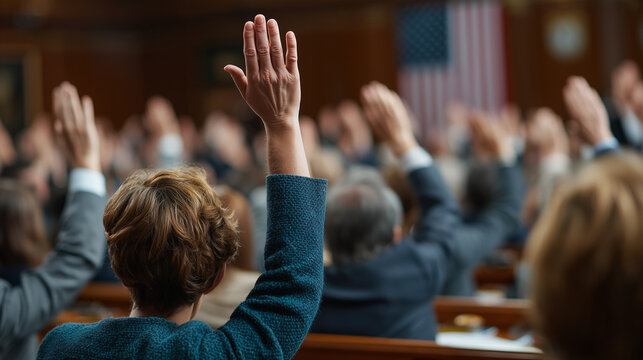 A Vote for Change: A congregation of individuals raises their hands to the sky, their voices united in a chorus of consensus. A display of active citizenship