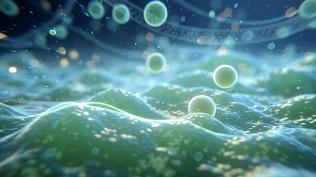 Microscopic view of green algae cells floating in water with sunlight reflection.
