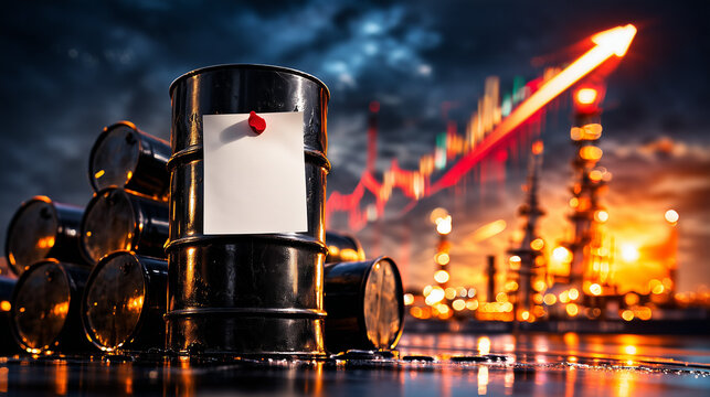 Oil Barrel and rising chart: A visual representation of the oil industry. Oil barrels are arranged next to a blank sheet and rising stock chart. Represents industry trends and economic prosperity. 