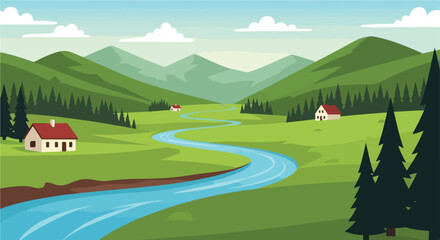 Scenic landscape with river, mountains, houses, and trees © Itachi