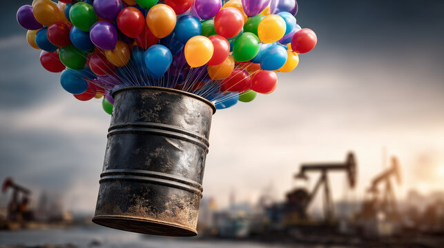 Rising Costs: An oil barrel, buoyed by vibrant balloons, soars high above oil extraction operations, a stark visual commentary on the rising costs of energy, industry and economics.