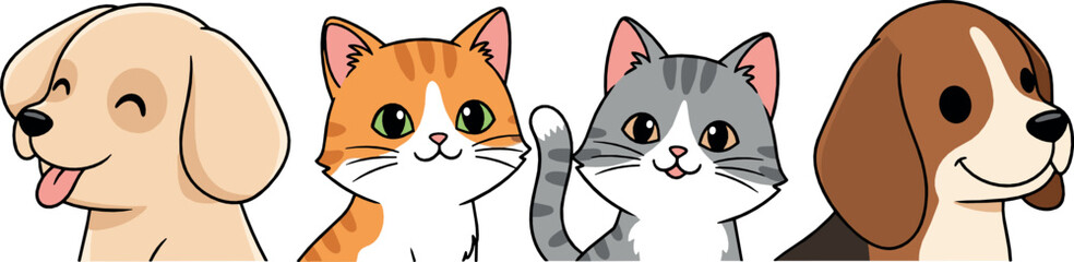 Obraz premium Cute Pet Heads Collection with Dogs and Cats Cartoon Animal Portraits Domestic Pets Vector Illustration Set Isolated on White Background