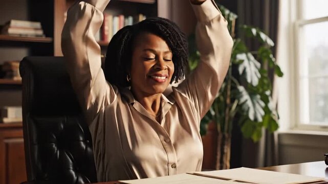 Smiling woman stretches at her desk in a bright home office, books and plants behind her, calm productive mood for remote work wellness