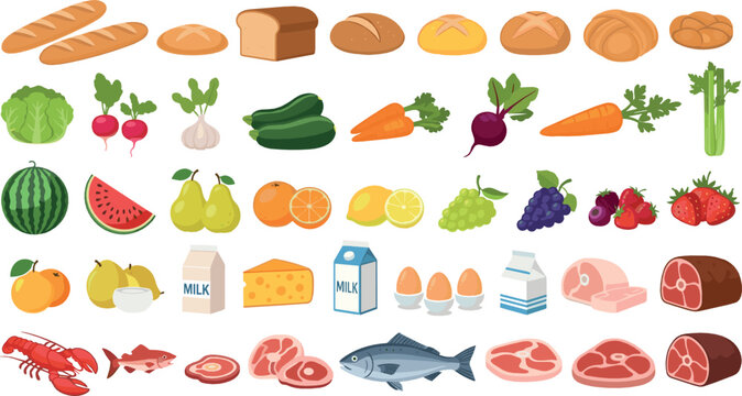 Food and Grocery Collection with Bread, Fruits, Vegetables, Dairy, Meat and Seafood Healthy Market Ingredients Vector Illustration Set