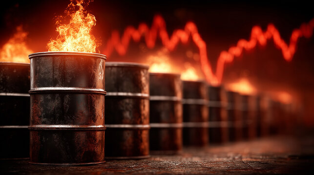 Burning Barrels of Oil: Illustrating the global impact of volatile markets and energy commodity prices, the image shows burning oil barrels juxtaposed against an economic graph