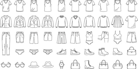 Comprehensive Fashion and Lifestyle Vector Icon Set Featuring Diverse Apparel Outlines Human Body Silhouettes Cartoon Animals Handbags and Accessories for Professional Design Templates