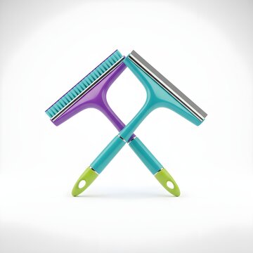 Luxury Colorful Bathroom Cleaning Brush and Squeegee Crossed on Seamless White Premium Display Background