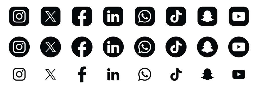Social media logos in Black circles and squares, popular social media icons collection, vector button set 2026. Social media icon Set Black. vector illustration eps file. 