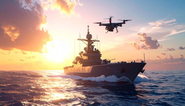 Modern Naval Warship with Drones Flying Over Ocean at Sunset PatrolOps