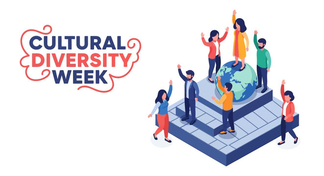 Illustration of diverse people celebrating Cultural Diversity Week with a globe on a podium, promoting unity and multicultural community concept in a vibrant and inclusive setting.