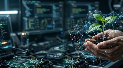 Innovative technology concept showing hands holding a small plant with digital connections, symbolizing growth, sustainability, and eco-friendly innovations in a technological environment