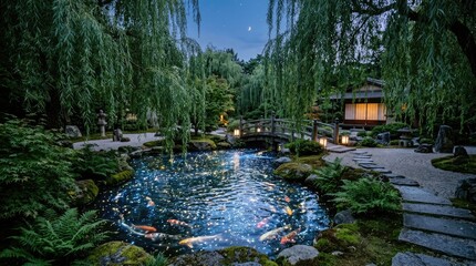 A serene Japanese garden features a koi pond under weeping willows at twilight