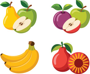 Obraz premium Colorful fruit illustration with yellow pear purple plum and red sun shaped fruit with green leaves