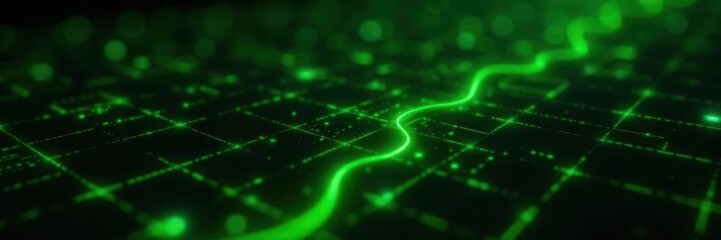 Obraz premium Cascading green code flows on a black digital matrix background with glowing grid patterns , high-tech, digital, network security