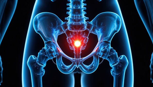 Human Pelvis Anatomy with Pain Indication, Medical Illustration of Bones and Joints Showing Injury or Inflammation
