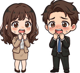Cute chibi business man and woman shocked reaction, surprised office workers characters, emotional corporate employees cartoon vector illustration