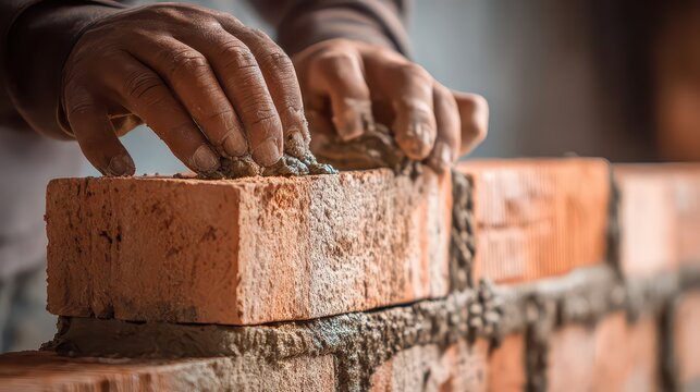 Close-up of a construction worker's hands meticulously laying a red brick on a mortar-filled wall with diffused sunlight illuminating the gritty texture and detailed craftsmanship on a sunny day