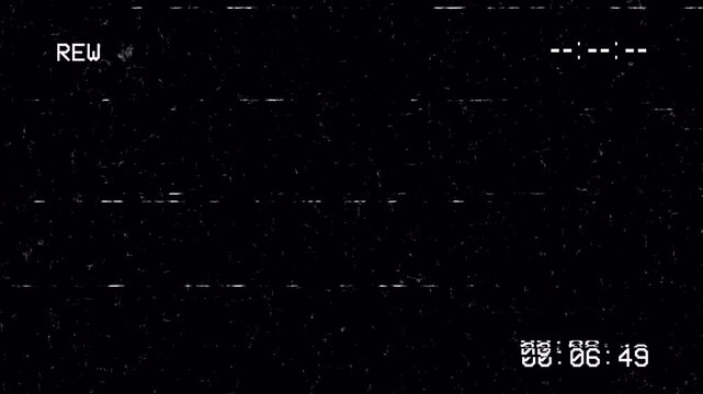 VHS Rewind Screen Overlay with Retro Glitch and Analog Timecode 4k video animation seamless loop