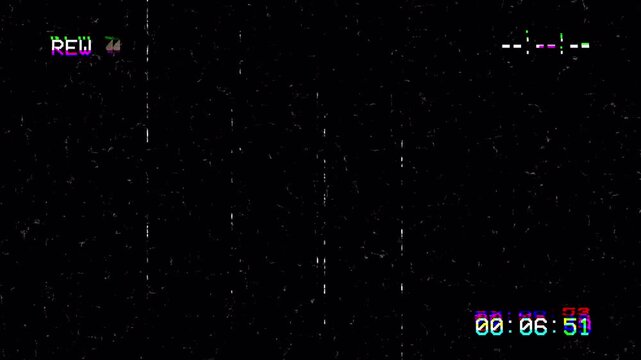 VHS Rewind Analog Screen with Static Noise Glitch and Timecode Overlay 4k video animation seamless loop