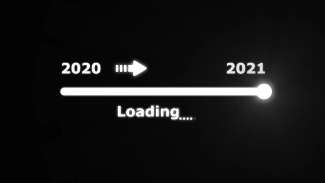 Futuristic white progress bar visually the transition from 2020 to 2021 with a bright slider and arrow on a black background. embodying future progress and technological advancement.