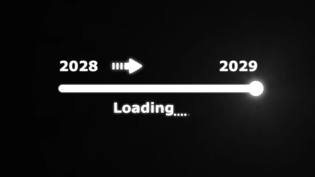 Futuristic white progress bar visually the transition from 2028 to 2029 with a bright slider and arrow on a black background. embodying future progress and technological advancement.