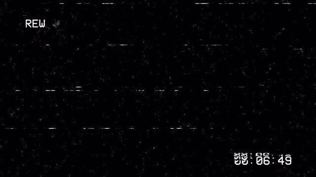 VHS Rewind Animation with Retro VCR Timecode and Analog Glitch Static Overlay on Black Background 4k video animation seamless loop