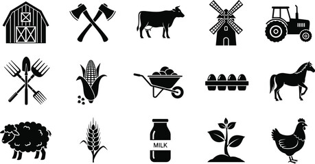Farming and agriculture black silhouette icons set featuring tractor barn windmill livestock and garden tools isolated on white background for organic food industry design © MdMeherul