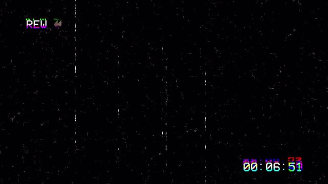 Retro VHS Tape Rewind Overlay with Analog Static Noise Glitches and Timecode Animation on Black Background 4k video animation seamless loop