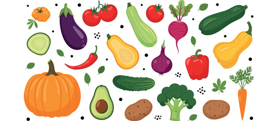 Fresh Organic Vegetables Collection with Pumpkin, Eggplant, Tomato, Avocado, Broccoli, Pepper, Carrot and Zucchini Healthy Food Vector Set