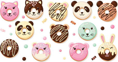 Cute animal face donuts collection with cat panda bear and rabbit characters, colorful kawaii dessert vector illustration set © MdMojnu