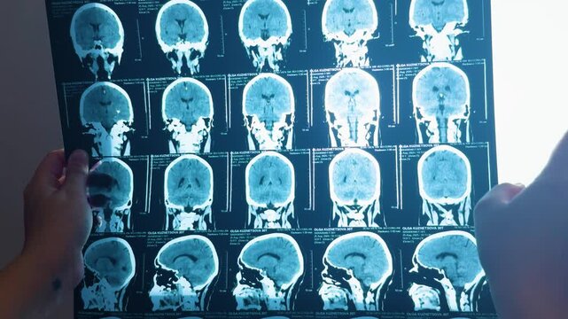 Hands holding a blue toned medical imaging film showing coronal and sagittal views of a human brain, symbolizing radiology, healthcare, diagnosis, and cerebral health examination