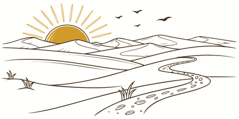 Fototapeta premium A serene desert landscape at sunrise with a winding road and footprints leading to the horizon under a bright sun with birds flying overhead in a simple line drawing style