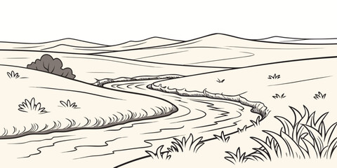 Fototapeta premium A serene landscape illustration of a winding river through rolling hills and grassy fields with a tree and mountains in the background