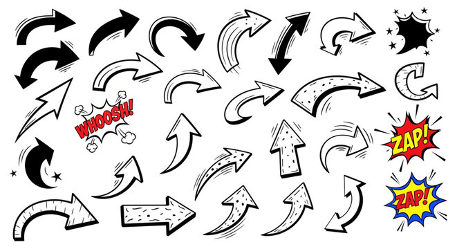 Collection of dynamic comic book arrows and effects on transparent background silhouette