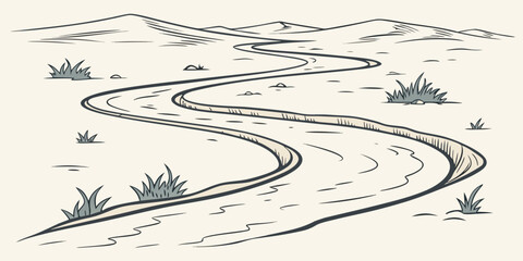A black and white illustration of a winding road through a desert landscape with sparse vegetation and hills in the background on a beige background © Mamun